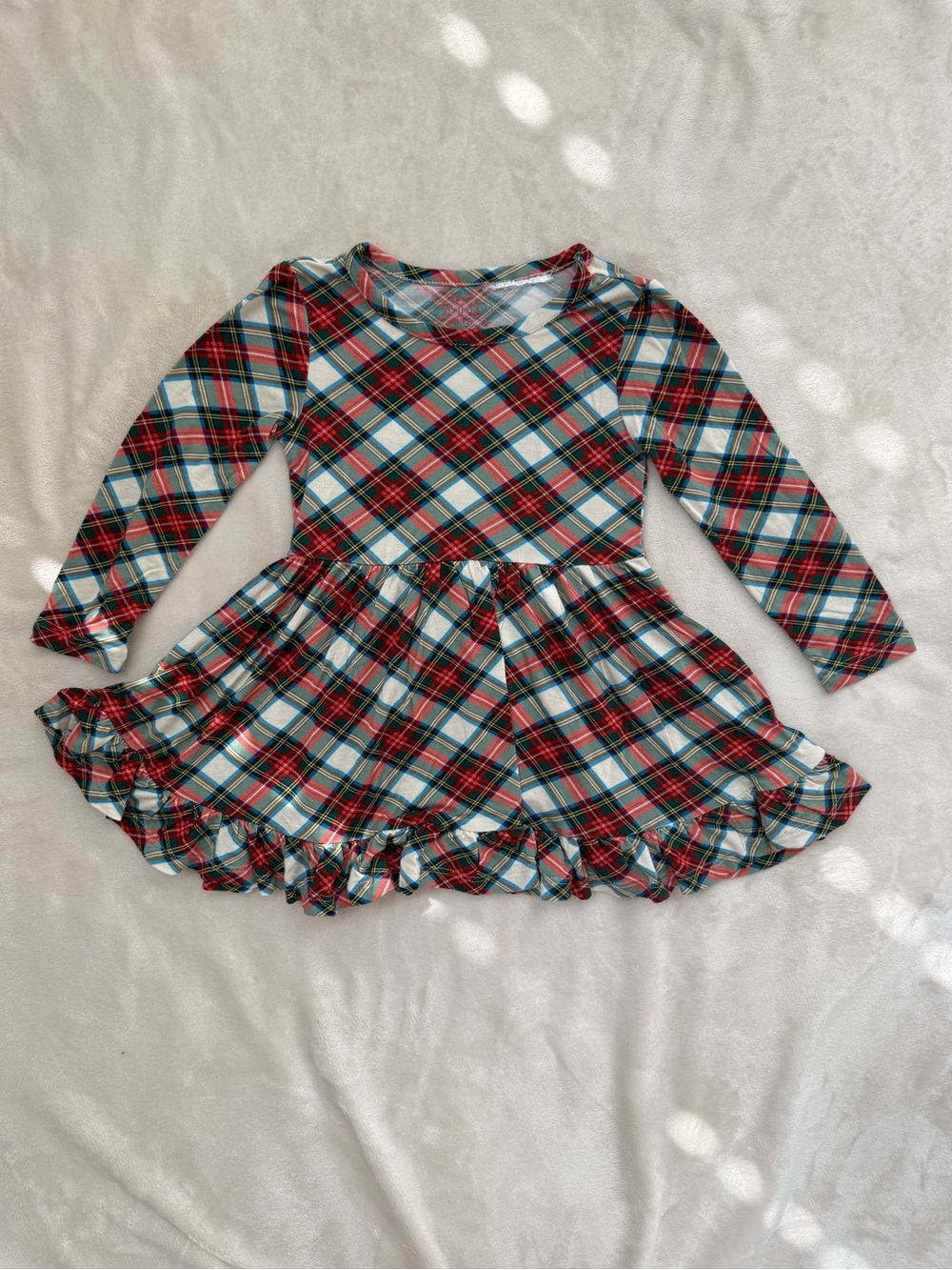 Posh Peanut Red, Green & White Plaid Ruffle Hem Long Sleeve Twirl Dress
